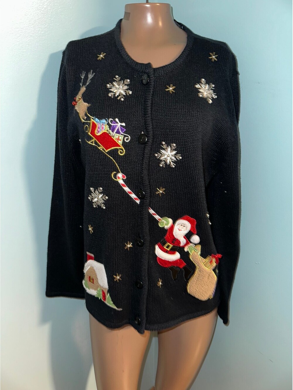 VTG 90s Black Holiday Grandma Ugly Christmas Sweater M